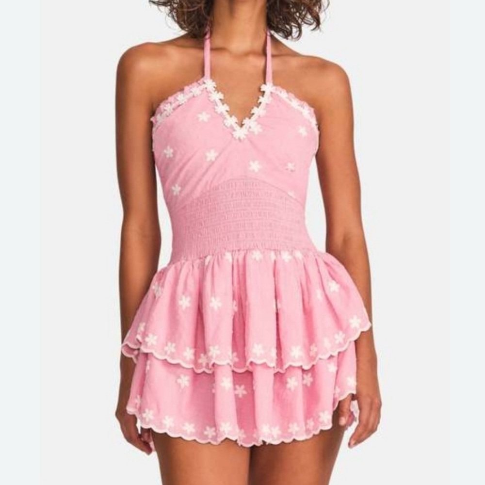 LoveShackFancy Pink Floral Halter Mini Dress